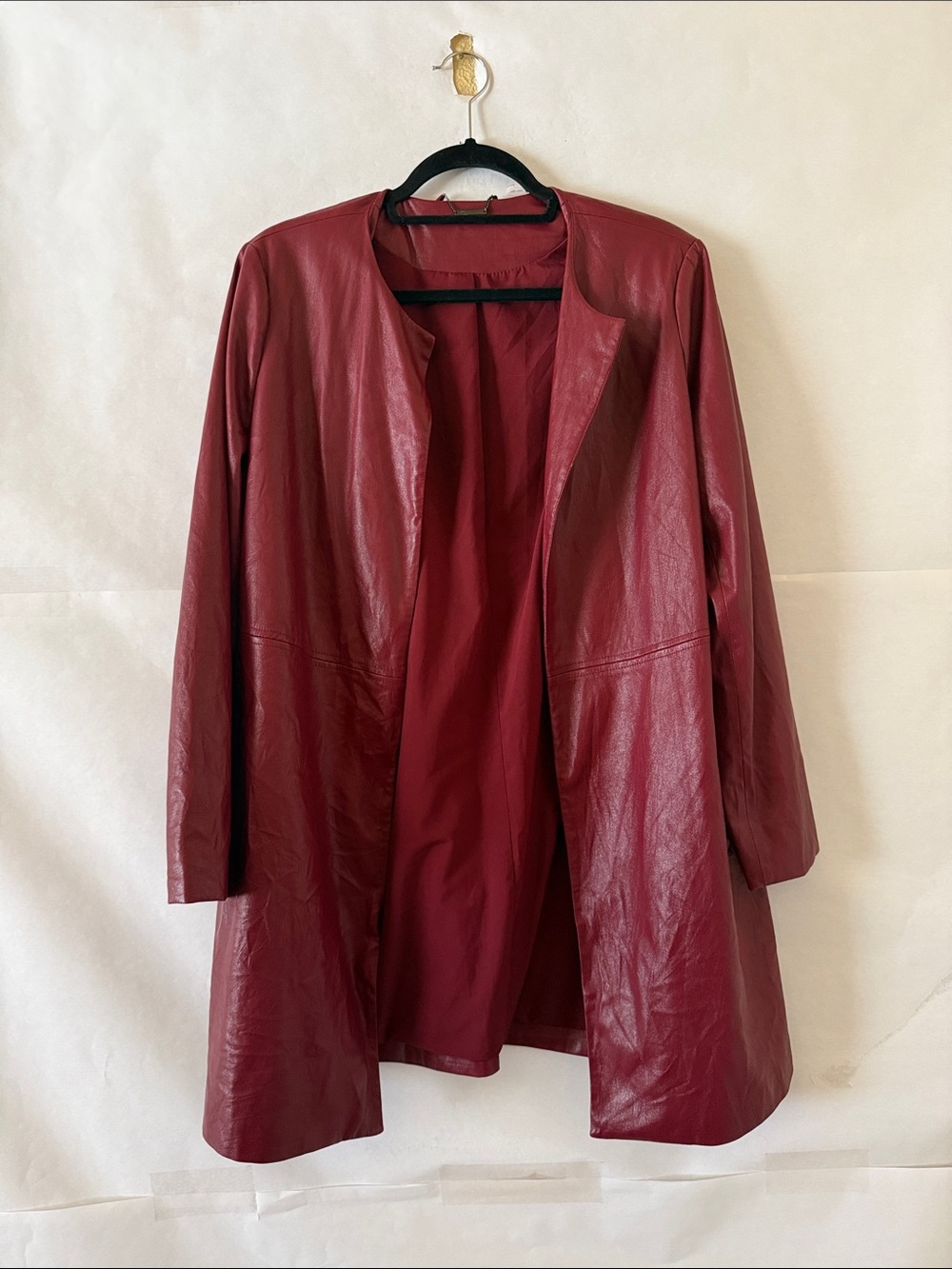 Chico's Oxblood Red Faux Leather Jacket Size M Open Front 90s Vampy Long Coat